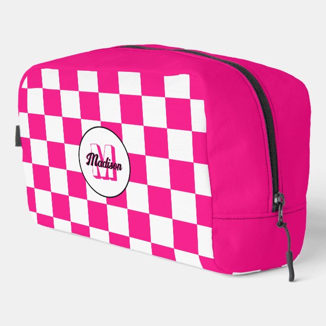 Checkered Hot pink white geometric retro Monogram Dopp Kit (Right Corner)