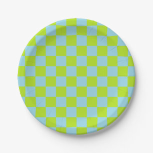 Checkered Lime Green and Pastel Blue Paper Plate