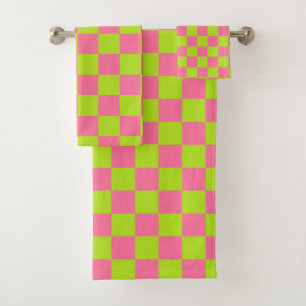 Checkered Lime Green and Pink Bath Towel Set
