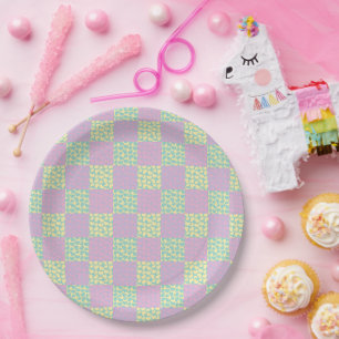 Checkered Love-Pastel Pink, Yellow, Purple & Green Paper Plate