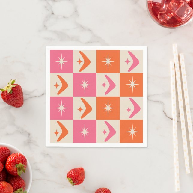 Checkered Mid Century Boomerangs pink and orange  Napkin (Insitu)
