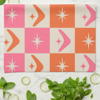 Checkered Mid Century Boomerangs pink and orange  Tea Towel