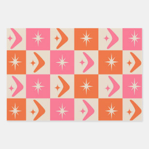 Checkered Mid Century Boomerangs pink and orange  Wrapping Paper Sheet
