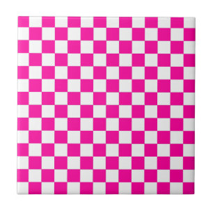 Checkered Neon Pink and White  Ceramic Tile