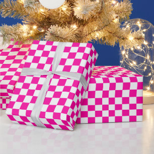 Checkered Neon Pink and White  Wrapping Paper