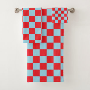 Checkered Pastel Blue and Red Bath Towel Set
