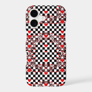 Checkered Pattern With Red Hearts & Shapes