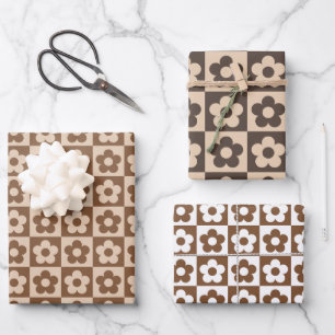 Checkered Retro Brown Beige Floral Wrapping Paper Sheet
