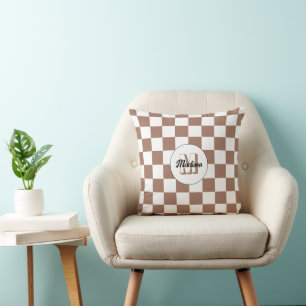 Checkered squares Mocha Brown White retro Monogram Cushion