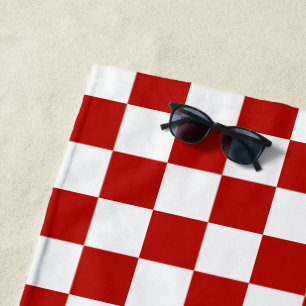 Checkered squares red white geometric retro beach towel