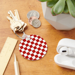 Checkered squares red white geometric retro key ring