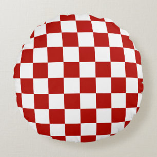 Checkered squares red white geometric retro round cushion