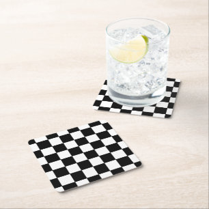 Checkered White and Black  Square Paper Coaster