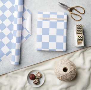 Checkered White Soft Sky Blue Wrapping Paper Roll