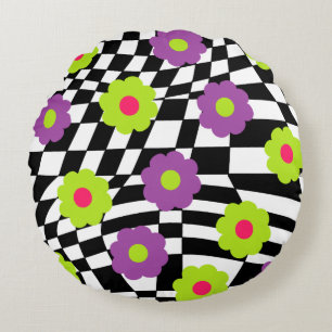 Checkers and Flowers Throw Pillow Mod Style Pouf