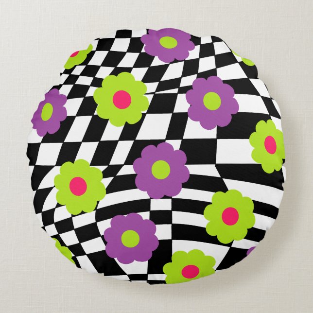 Checkers and Flowers Throw Pillow Mod Style Pouf (Front)