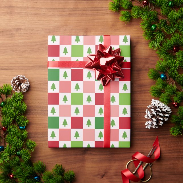 Checkers Christmas Tree Pattern - Red, Pink, Green Wrapping Paper (Holiday Gift)