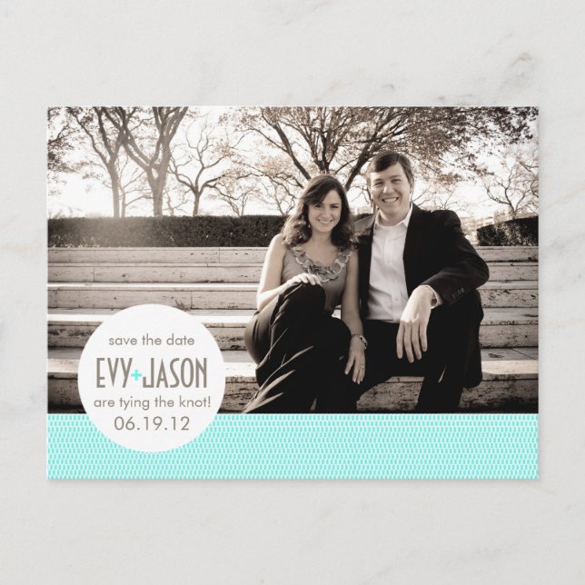 Checkers + Dots- Custom Save the Date - Teal Announcement Postcard (Front)