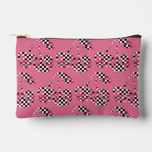 Checkers & Pink Hearts Patterned Cherries Big Accessory Pouch
