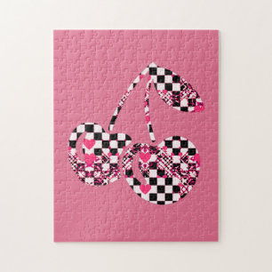 Checkers & Pink Hearts Patterned Cherries Big Jigsaw Puzzle
