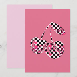 Checkers & Pink Hearts Patterned Cherries Card