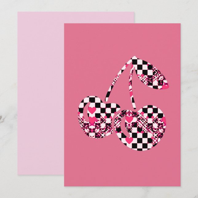 Checkers & Pink Hearts Patterned Cherries Card (Front/Back)