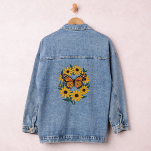 Checkerspot Butterfly And Black-Eyed Daisy Flowers Denim Jacket