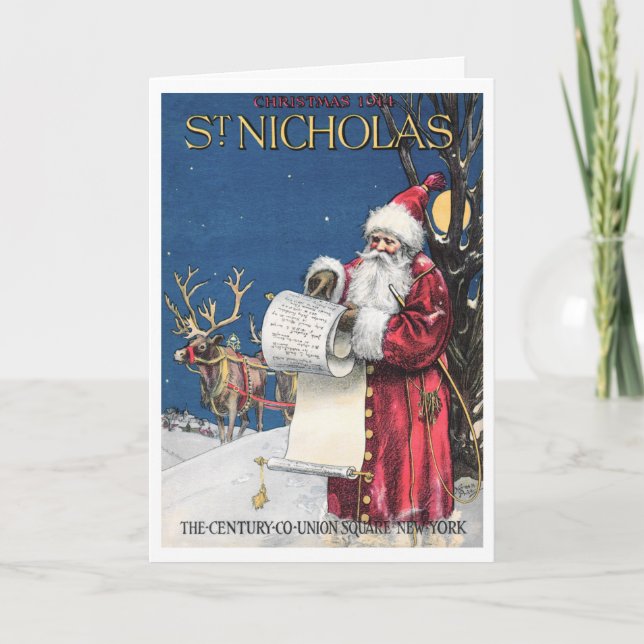 "CHECKING HIS LIST" CHRISTMAS EVE ST NICHOLAS HOLIDAY CARD (Front)