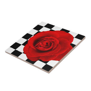 Checkmate Rose elegant rose on a chequered back  Ceramic Tile