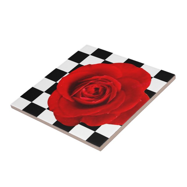 Checkmate Rose elegant rose on a chequered back  Ceramic Tile (Side)