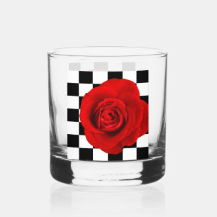 Checkmate Rose elegant rose on a chequered back Whiskey Glass