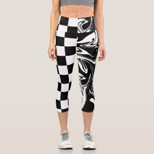 Checks and Swirls - Black and White Capri Leggings