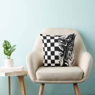 Checks and Swirls - Black and White Cushion