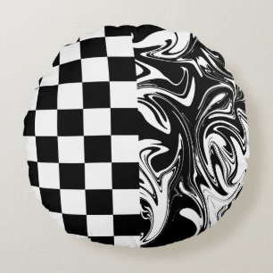 Checks and Swirls - Black and White Round Cushion
