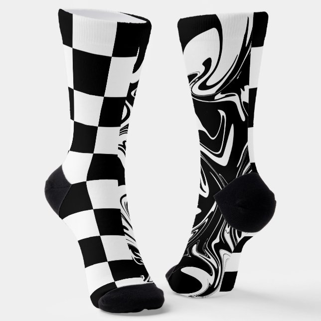 Checks and Swirls - Black and White Socks (Angled)