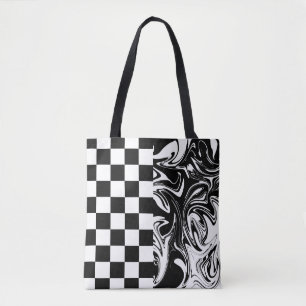 Checks and Swirls - Black and White Tote Bag