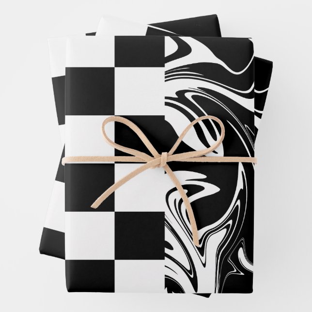 Checks and Swirls - Black and White Wrapping Paper Sheet (In situ)