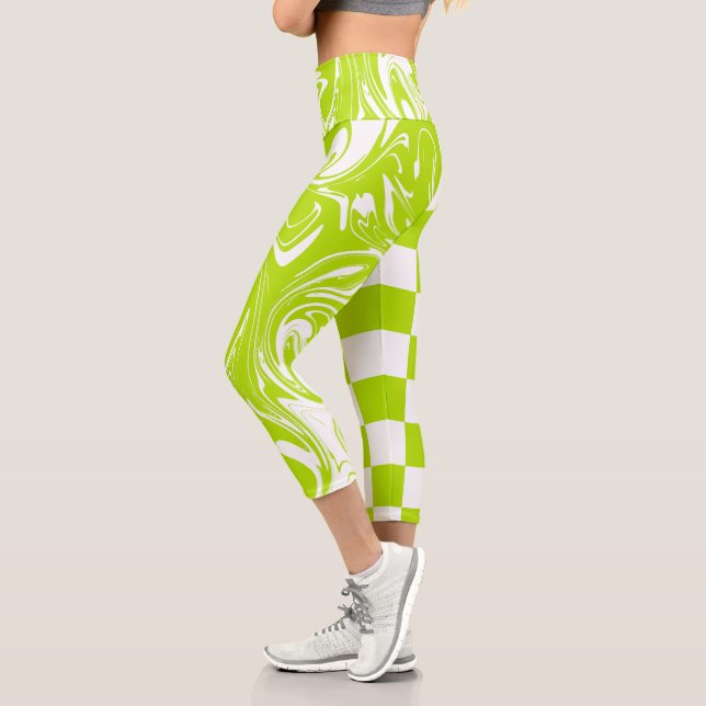 Checks and Swirls in Lime Green and White Capri Leggings (Left)