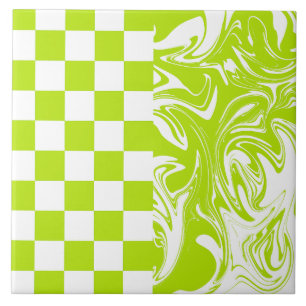 Checks and Swirls in Lime Green and White Ceramic Tile