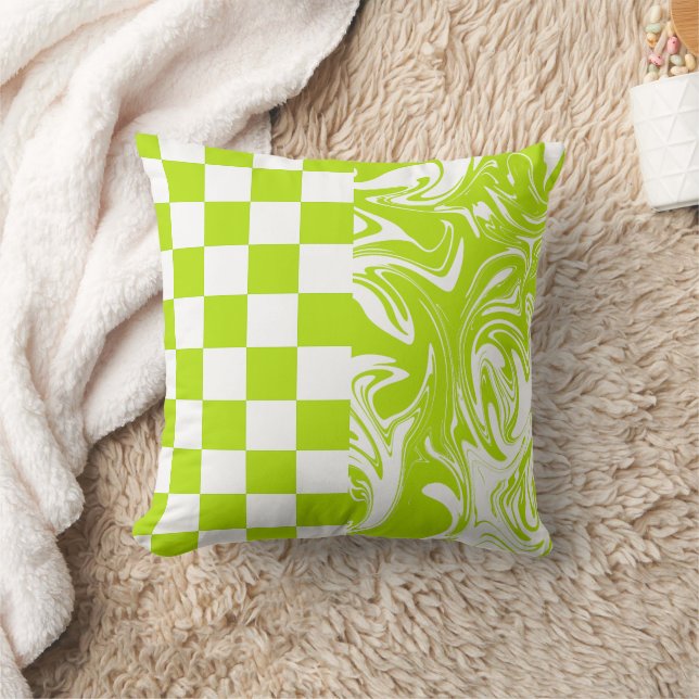 Checks and Swirls in Lime Green and White Cushion (Blanket)