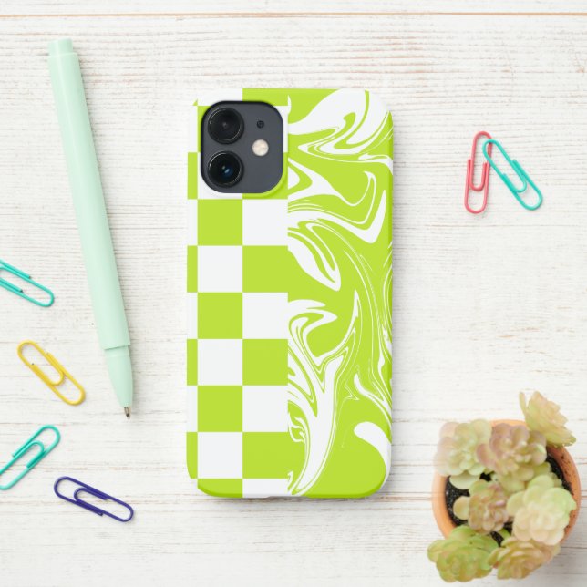 Checks and Swirls in Lime Green and White iPhone Case (On Desk)