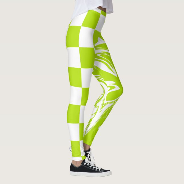Checks and Swirls in Lime Green and White Leggings (Right)