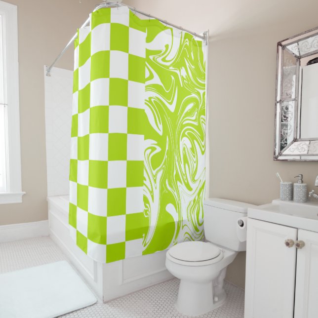Checks and Swirls in Lime Green and White Shower Curtain (In Situ)