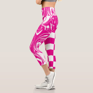 Checks and Swirls in Magenta and White Capri Leggings