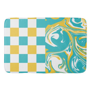 Checks and Swirls in Turquoise, Yellow, and White Bath Mat
