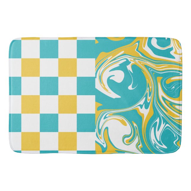 Checks and Swirls in Turquoise, Yellow, and White Bath Mat (Front)