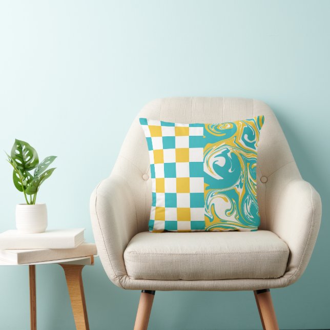 Checks and Swirls in Turquoise, Yellow, and White Cushion (Chair)