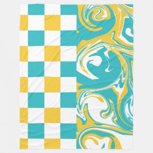 Checks and Swirls in Turquoise, Yellow, and White Fleece Blanket