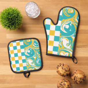 Checks and Swirls in Turquoise, Yellow, and White Oven Mitt & Pot Holder Set