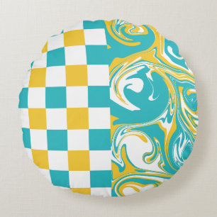 Checks and Swirls in Turquoise, Yellow, and White Round Cushion